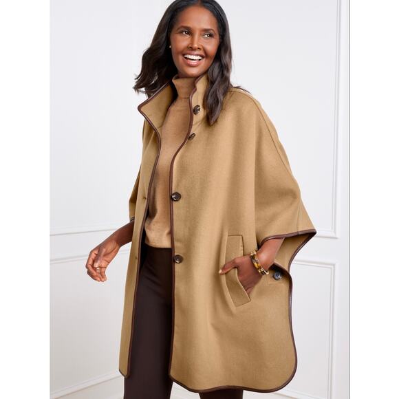 Talbots Tailored Wool Cape L/XL Plus Size Brown Faux Leather Trim Shrug Sweater - Picture 1 of 10